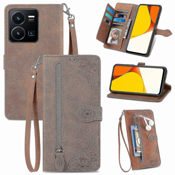 Case för Vivo Y35 Forest Series Dragkedja Magnetic Flip Cover Kompatibel med Vivo Y35 Case Brown