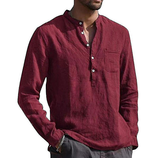 Herr långärmade skjortor Linne bomull knappar Strand Casual sommarskjortor Claret XL