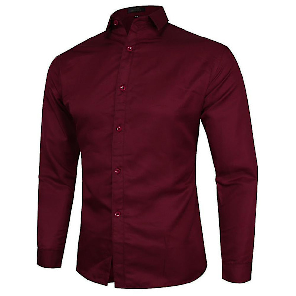Män Knappar Lapel Neck Långärmad skjorta Passar Casual Plain Business Toppar Wine Red M