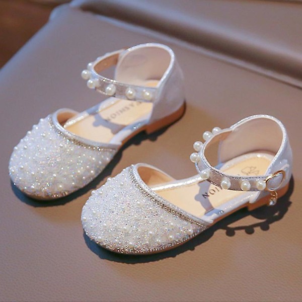 Barn Mode Klänning Sandaler Pärla Sandaler Sommar Glitter Ballerinor Bröllop Stängd Tå Platta Sandaler Silver EU 27.5=Tag Size 29