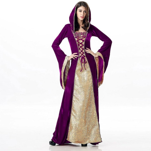 Bästsäljare kvinnors medeltidsklänning viktoriansk dräkt renässans långa klänningskostymer Purple S