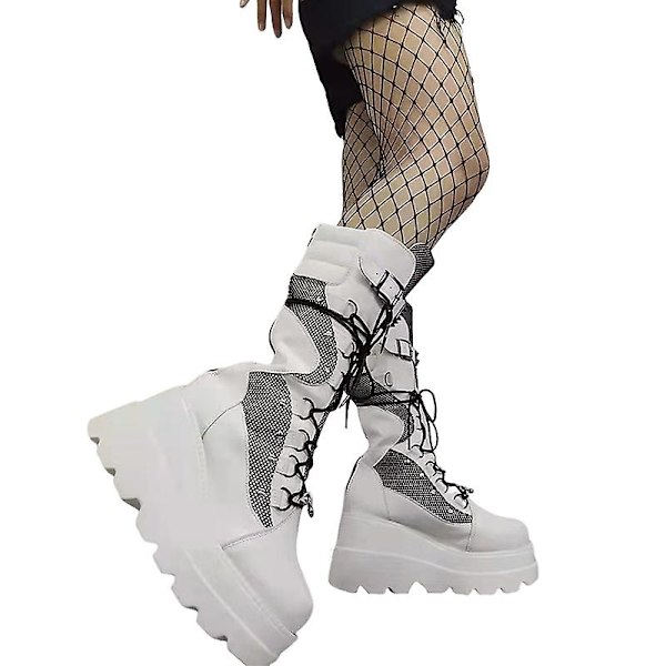 Platformstövlar damer Spänne rem Punk Goth Boot Dam Gothic Snörskor Sz White EU 36