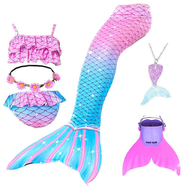 Sommartjej sjöjungfrusvans med monofin halloween kostym prinsessklänning baddräkt bikini baddräkt för simning V 150cm(11-12T) 6PCS with fins