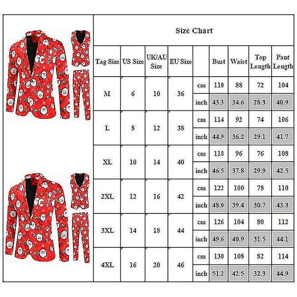 Juldräkt 3st/ set Blazer Kostym Finklänning Väst Blazer Byxor Jultomte Printed Formell klänning Outfits Tmall 4XL