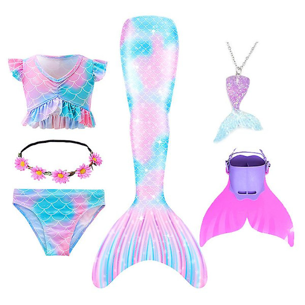 Sommarflicka sjöjungfru stjärt med monofin Halloween kostym prinsessa klänning baddräkt bikini badkläder för simning V 130cm(7-8T) 6PCS with fins8