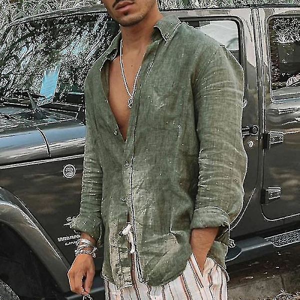 Herr långärmade skjortor Linne bomull knappar Strand Casual sommarskjortor Green L