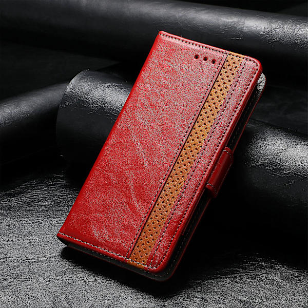Caseneo 002 Series Phone case För Xiaomi Redmi Note 12 Turbo / Poco F5 5g, Splicing Pu Leather Rfid Blocking Stand Cover Red