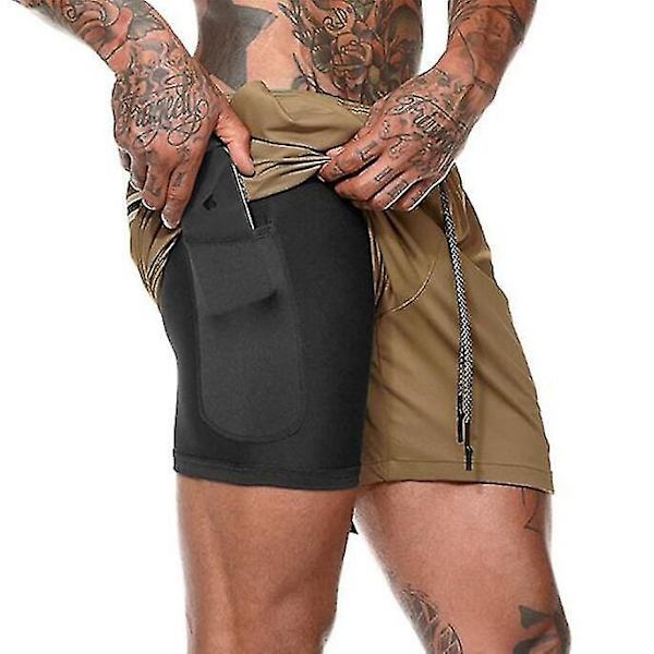 Herr 2 i 1 träningslöparshorts med dragkedjefickor khaki M