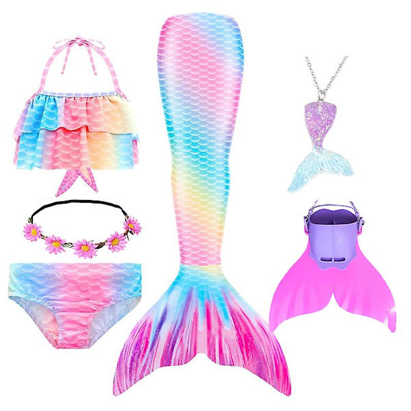 Sommarflicka sjöjungfru stjärt med monofin Halloween kostym prinsessa klänning baddräkt bikini badkläder för simning V 150cm(11-12T) 3PCS without fins15