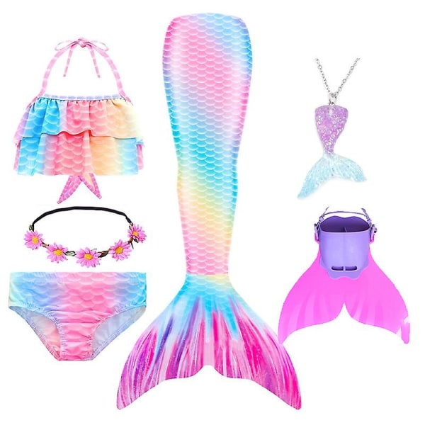 Sommarflicka sjöjungfru stjärt med monofin Halloween kostym prinsessa klänning baddräkt bikini badkläder för simning V 150cm(11-12T) 6PCS with fins3