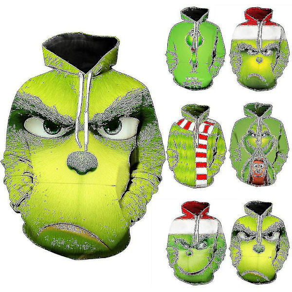 Christmas Unisex The Grinch Novelty Hoodie Långärmad 3d Printing Pullover Sweatshirt Jumper Toppar För Män Kvinnor Vuxen A M