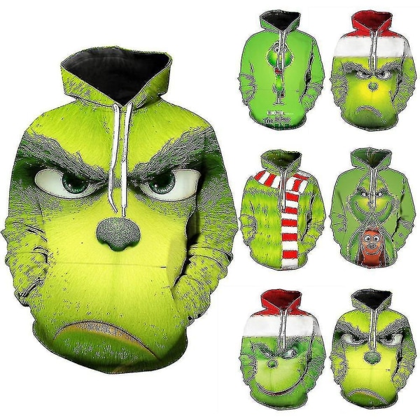 Christmas Unisex The Grinch Novelty Hoodie Långärmad 3d Printing Pullover Sweatshirt Jumper Toppar För Män Kvinnor Vuxen A XL