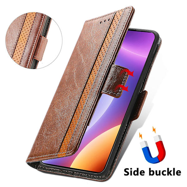 Caseneo 002 Series Phone case För Xiaomi Redmi Note 12 Turbo / Poco F5 5g, Splicing Pu Leather Rfid Blocking Stand Cover Dark Brown