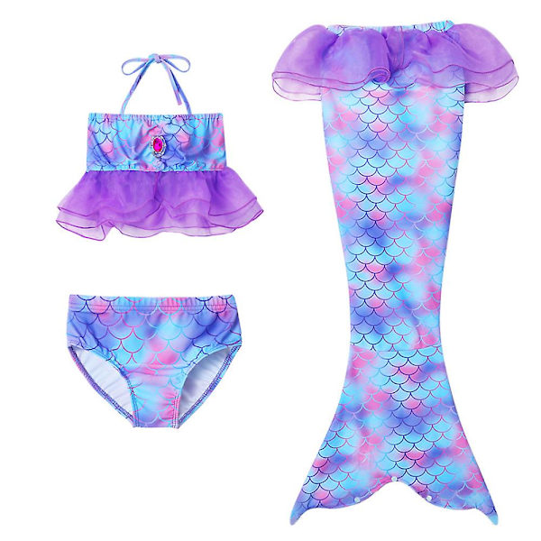 Flickor Ruffel Badkläder Crop Top Trosor Mermaid Tail 3st Set Baddräkt Strandkläder Purple 6-7 Years