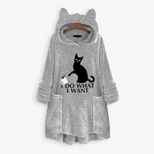 Huvtröja i fleece för kvinnor Vinter Varm Casual Sweatshirt Cat Ears Design Lös tröja Gray L