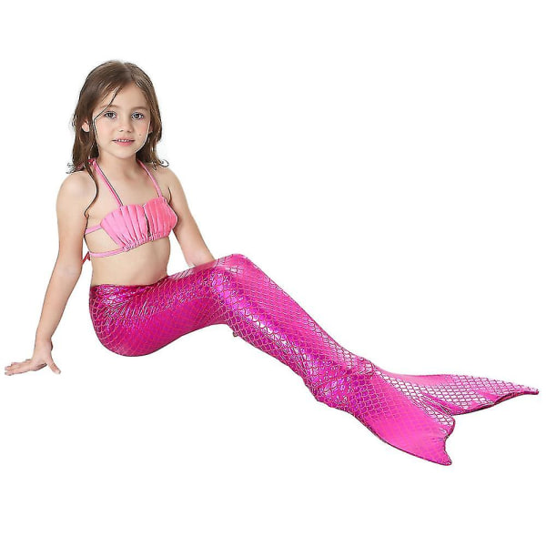 3 st Barn Flickor Bikini Halter Neck Toppar Brief Set Mermaid Tail Baddräkt Badkläder Rose Red 7-8 Years