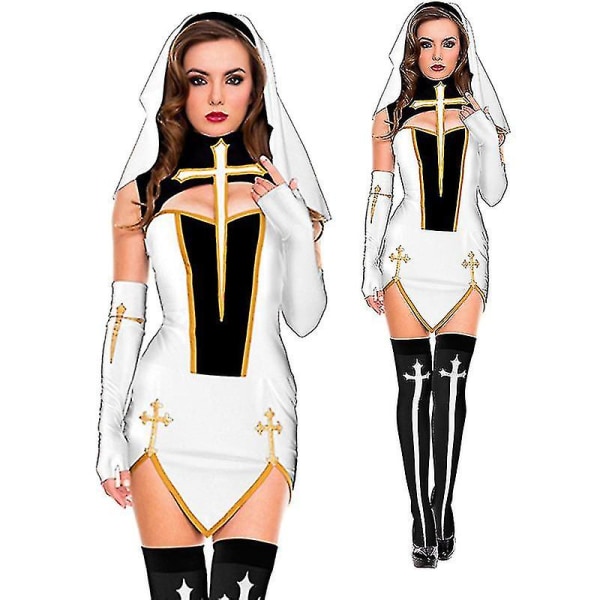 Sexig nunna seniordräkt karneval Halloween kyrka religiösa kloster Cosplay fin festklänning white L