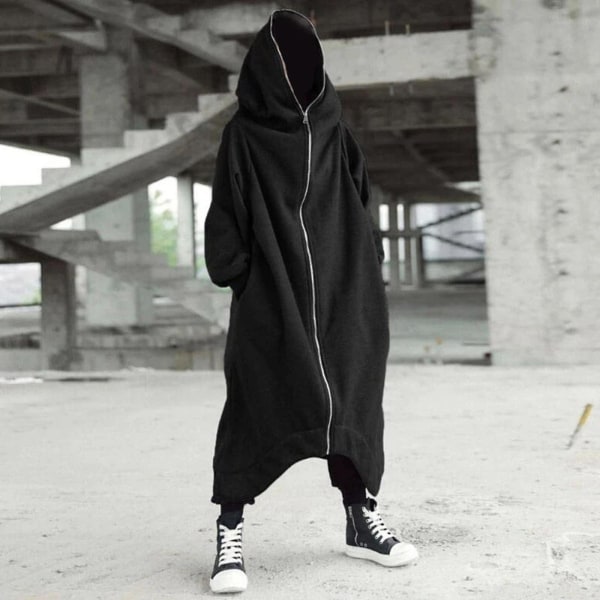 Unisex långärmad huva Nazgul lång kappa dragkedja Fleecefodrad lång luvtröja Black L