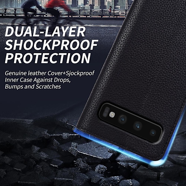 För Samsung Galaxy S10 Plus anti-scratch Litchi Texture Äkta kohud Läder+tpu Telefon Case Black