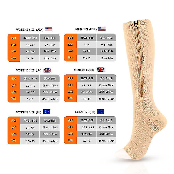 1 par kompressionsstrumpor med dragkedja för kvinnor män, 15-20 Mmhg Knästödsstrumpor med öppen tå för åderbråck Beige L XL