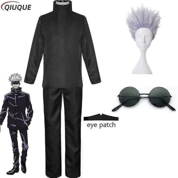 2023-anime Jujutsu Kaisen Gojo Satoru Cosplay Kostym Toppar Byxor Ögonlapp Halloween Party Män Uniform Peruker-1-1 Black Package 6 XXXL