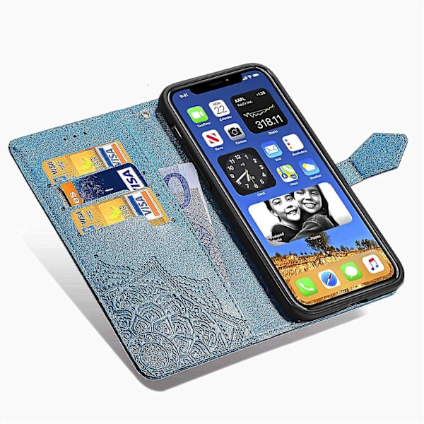 Kompatibel med Iphone 11 Pro Case Läder Cover Emboss Mandala Magnetic Flip Protection Stötsäker - Blå null none