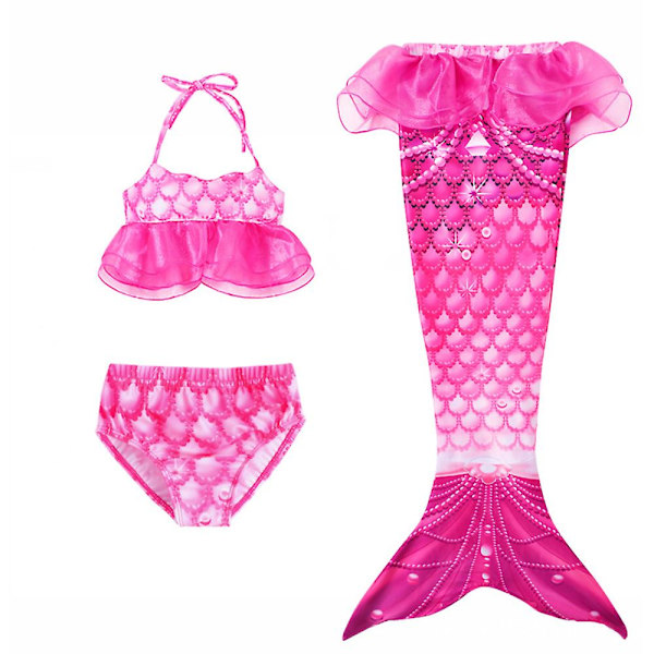 Flickor Ruffel Badkläder Crop Top Trosor Mermaid Tail 3st Set Baddräkt Strandkläder Rose Red 7-8 Years