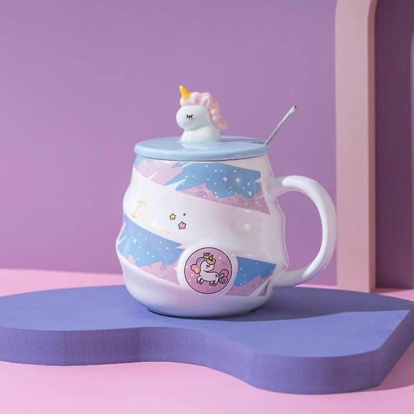 Keramisk Unicorn Water Cup Spiral Regnbågsmugg Kaffekopp med lock Sked Härlig flicka drickskopp för hem Pink Cover  add Star Spoon