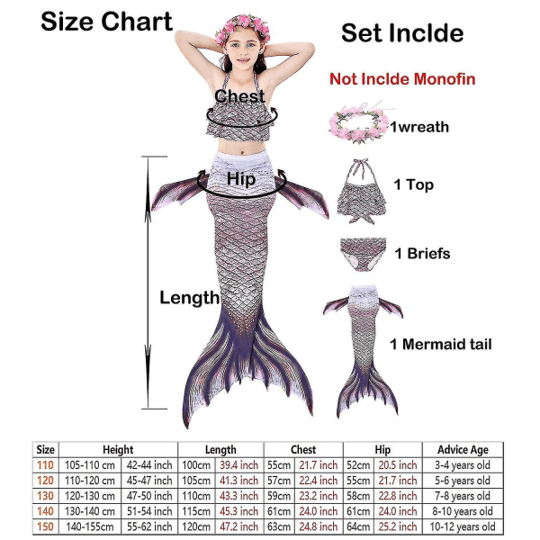 Barn Flickor Mermaid Tail Bikini Set Badkläder Baddräkt Simning Kostnad Inklusive Garland Pannband Färg 10