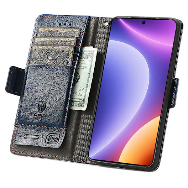 Caseneo 002 Series Phone case För Xiaomi Redmi Note 12 Turbo / Poco F5 5g, Splicing Pu Leather Rfid Blocking Stand Cover Dark Blue