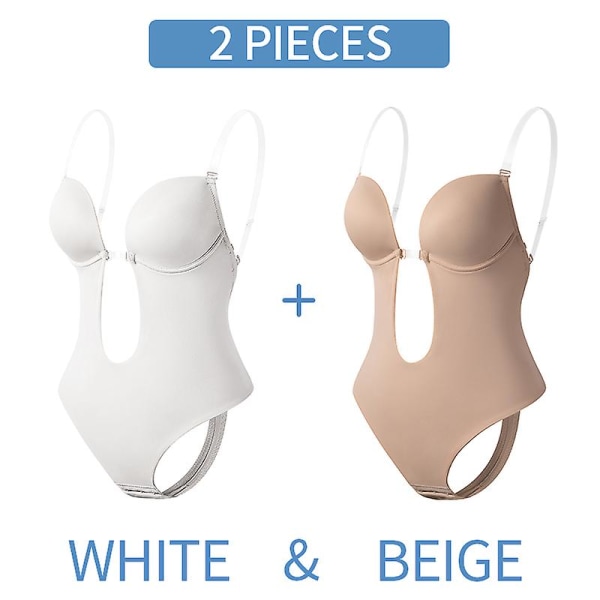 Body Shapewear Djup V-ringad Body Shaper Rygglös U Plunge Thong Shapers Waist trainer Dam Klart band Vadderat Push Up Korsett Z M(34) Two Pieces White