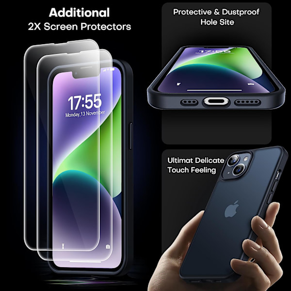 LϟK 3-i-1 för iPhone 13- case/iPhone 14- case, genomskinlig matt baksida med [2X skärmskydd], [falltestad i militärklass] Stötsäker A