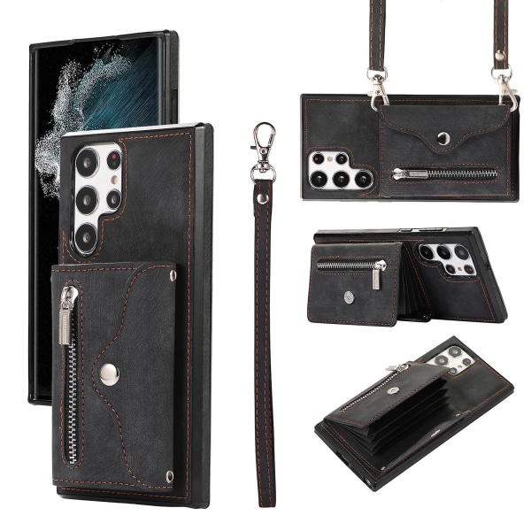 För Samsung Galaxy S22 Ultra 5g Pu-läder+tpu phone case Rfid-blockerande cover med stöd Black