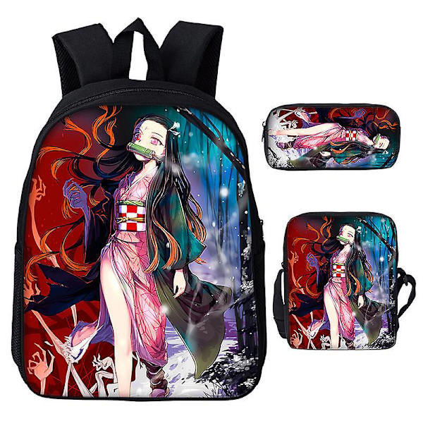 3st/ set Japan Anime Demon Slayer Studenter Pojkar Flickor Skolväska Ryggsäck Barn Tonåring Tecknad Oxford Vattentät skolväska NUDE 17 Inches