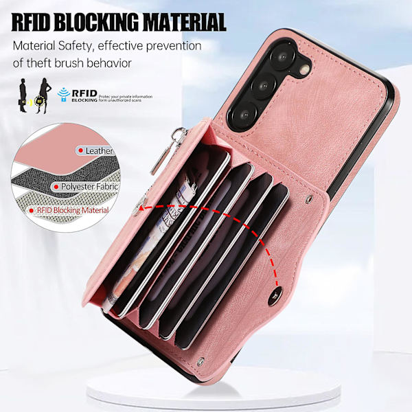 För Samsung Galaxy S23+ Rfid-blockeringskortväska Stötsäkert phone case Kickstand Pu Läder+tpu- cover Rose Gold