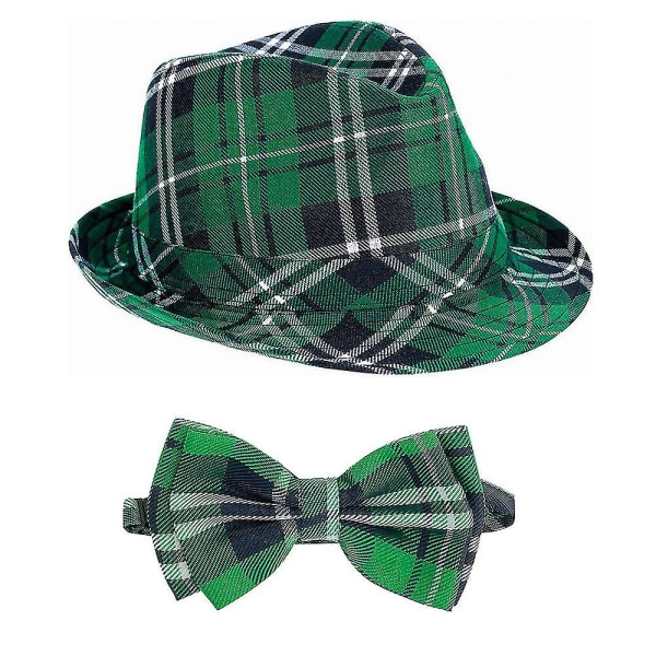 St Patricks Day hatt för vuxna med fluga Grön pläd Irish Day Accessoarer Presenter