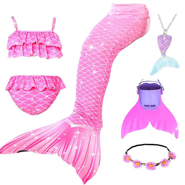 Sommarflickans sjöjungfrustjärt med monofena Halloween-kostym prinsessklänning baddräkt bikini badkläder för simning V 150cm(11-12T) 6PCS with fins2