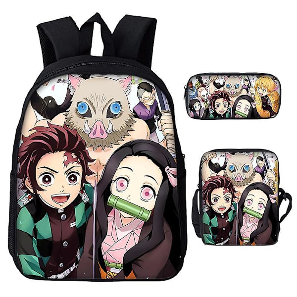 3st/ set Japan Anime Demon Slayer Studenter Pojkar Flickor Skolväska Ryggsäck Barn Tonåring Tecknad Oxford Vattentät skolväska Dark Grey 17 Inches
