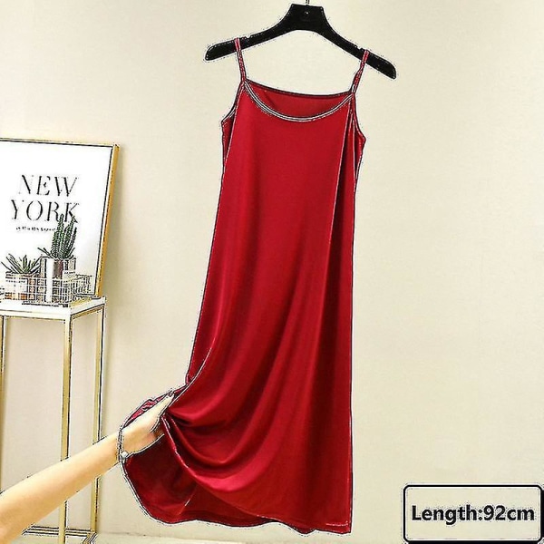 Seamless Full Slips Under Dress Dam Summer Plus Size Ärmlös Ice Silk Underkjol Underkjol Sexig Slim Strap Nattklänning_h Wine Red-92cm XL Weight(65-80kg)