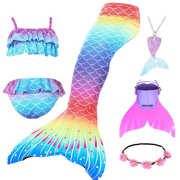 Sommarflicka sjöjungfru svans med monofin Halloween kostym prinsessa klänning baddräkt bikini badkläder för simning V 150cm(11-12T) 6PCS with fins1