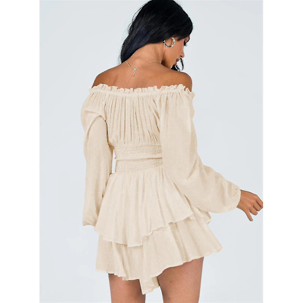 Kvinnor Off Shoulder Långärmad Romper Shorts Ruffle Jumpsuit Playsuit Apricot M