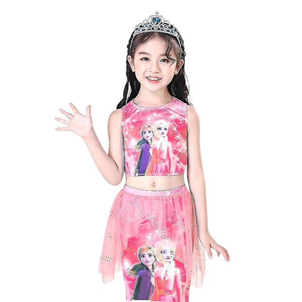 Frozen Elsa Anna flickbaddräkt Tyllkjol Mermaid Tail Bikini 4st set Badkläder Rose Red 7-8 Years