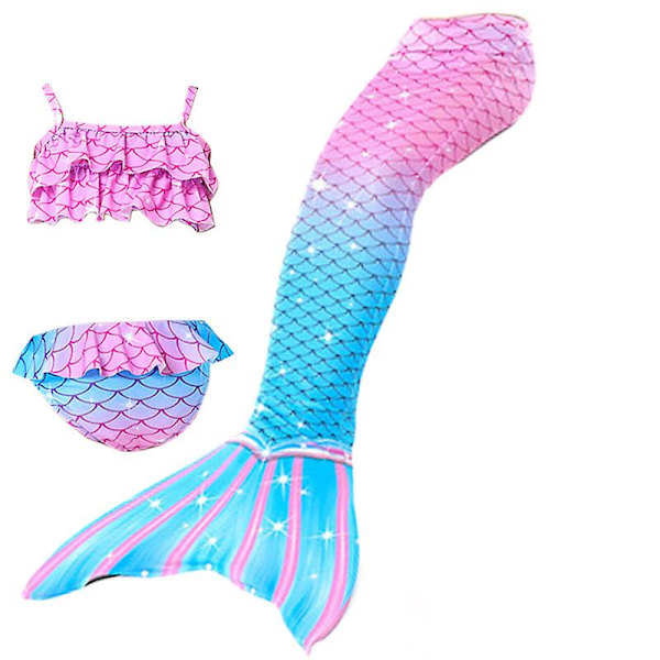 Sommarflicka sjöjungfru stjärt med monofin Halloween kostym prinsessa klänning baddräkt bikini badkläder för simning V 150cm(11-12T) 3PCS without fins