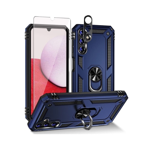 Xhy Samsung Galaxy A14 5G- case med skärm- och linsskydd och magnetiskt ringfäste Kickstand Military Grade helkropp dubbellager Durabl blue