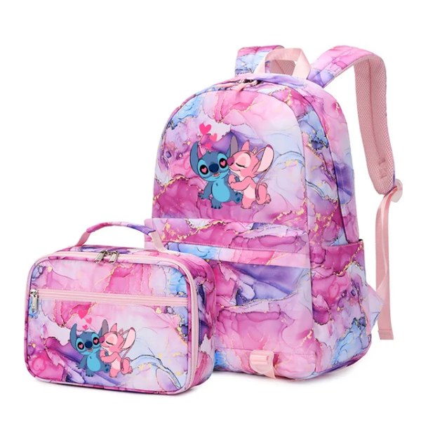 2 st Disney Lilo Stitch Multi Pocket Ryggsäck med Lunch Bag Ryggsäck Casual Skolväska för Kvinnor Student Tonåringar Set 011