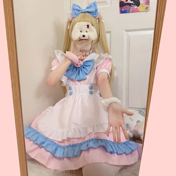 Plus Size Kawaii Klänning Cosplay Kostymer Skolflicka Piga Kläder Viktoriansk Klänning Anime Rosa Japansk Gotisk Lolita Kläder S Pink Bow Headdress