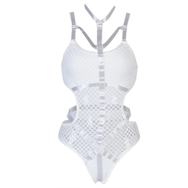 Kvinnor Sexig Hollow Out Bodycon Fishnet Halter Bodysuits Patchwork Underkläder Vit S