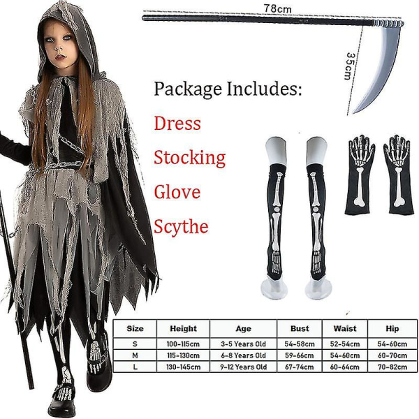 Skrämmande Grim Reaper flickdräkt för barn Halloween kostym 2023 ny ankomst C Height 130-145cm
