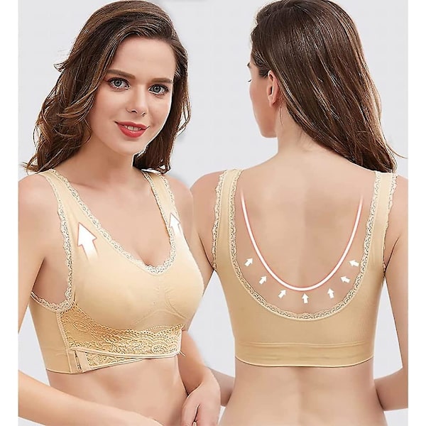 3 st Tourmaline Shaping & Kraftfull Lifting BH, Tourmaline Shaping Wireless BH, Front Cross Side Spänne Spets Lifting BH white-black-Flesh color 2XL