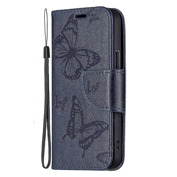 Imprint Butterfly Magnetisk stängning Läderställ Plånbok Case Fodral med rem för Iphone 13 Mini 5,4 tum - lila Dark Blue